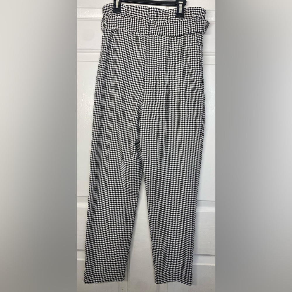 H&M Houndstooth Black White Paper Bag Belted Pants Size 8 - Picture 3 of 4